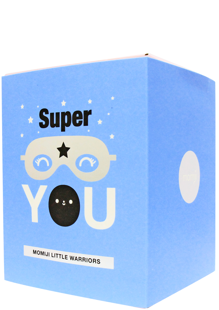Blue box with superhero mask and "Super You" character name; collectible Momiji doll packaging, bright and playful design. — Momiji doll