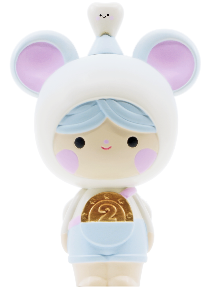 Tooth Mouse Momiji doll with mouse ears, blue hair, pink cheeks, and a gold coin. Kawaii collectible with secret message inside. — Momiji doll