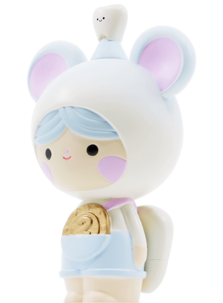Tooth Mouse Momiji doll with pastel blue hair, pink cheeks, and a gold swirl detail. Inspired by La Petite Souris. — Momiji doll