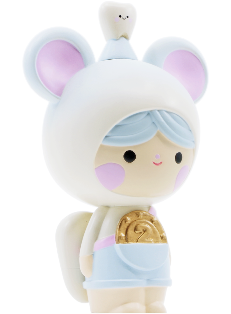 Momiji doll in soft pastel colors, holding a gold coin with a smiling tooth sitting atop its head. — Momiji doll